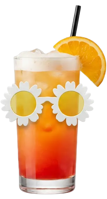 Bunter Cocktail mit dekorativer Brille und Orangenscheibe.