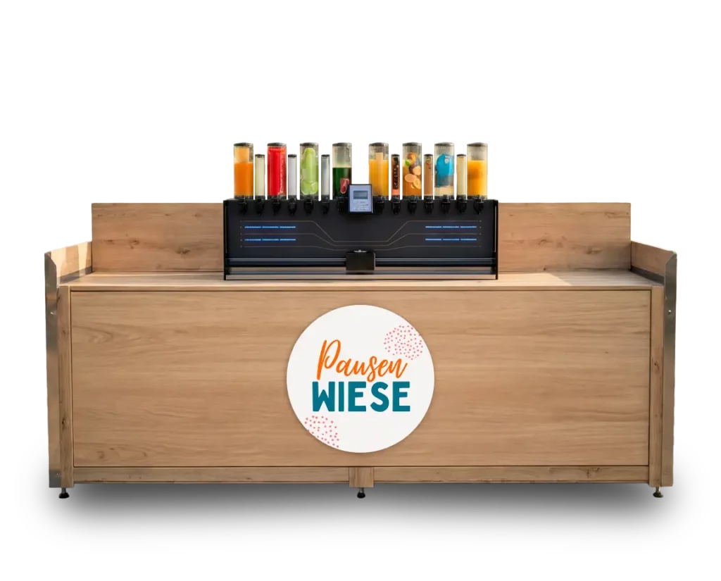 Mobile Cocktailtheke mit Zapfanlage und Pausenwiese-Logo.
