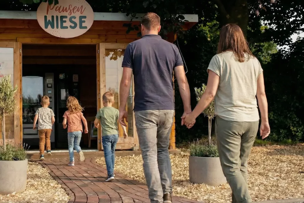 Familie mit drei Kindern auf dem Weg zur Pausenwiese.