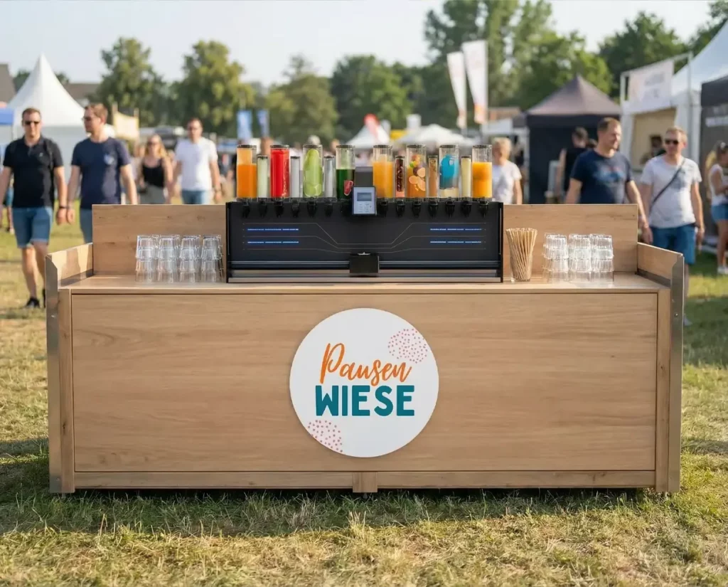 Mobiler Cocktailstand mit Cocktailmaschine im Außenbereich.