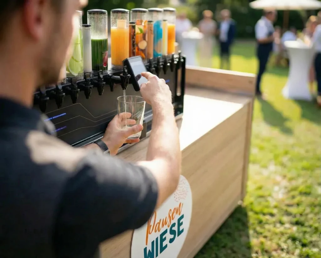 Person zapft einen Cocktail an der Cocktailmaschine im Außenbereich.